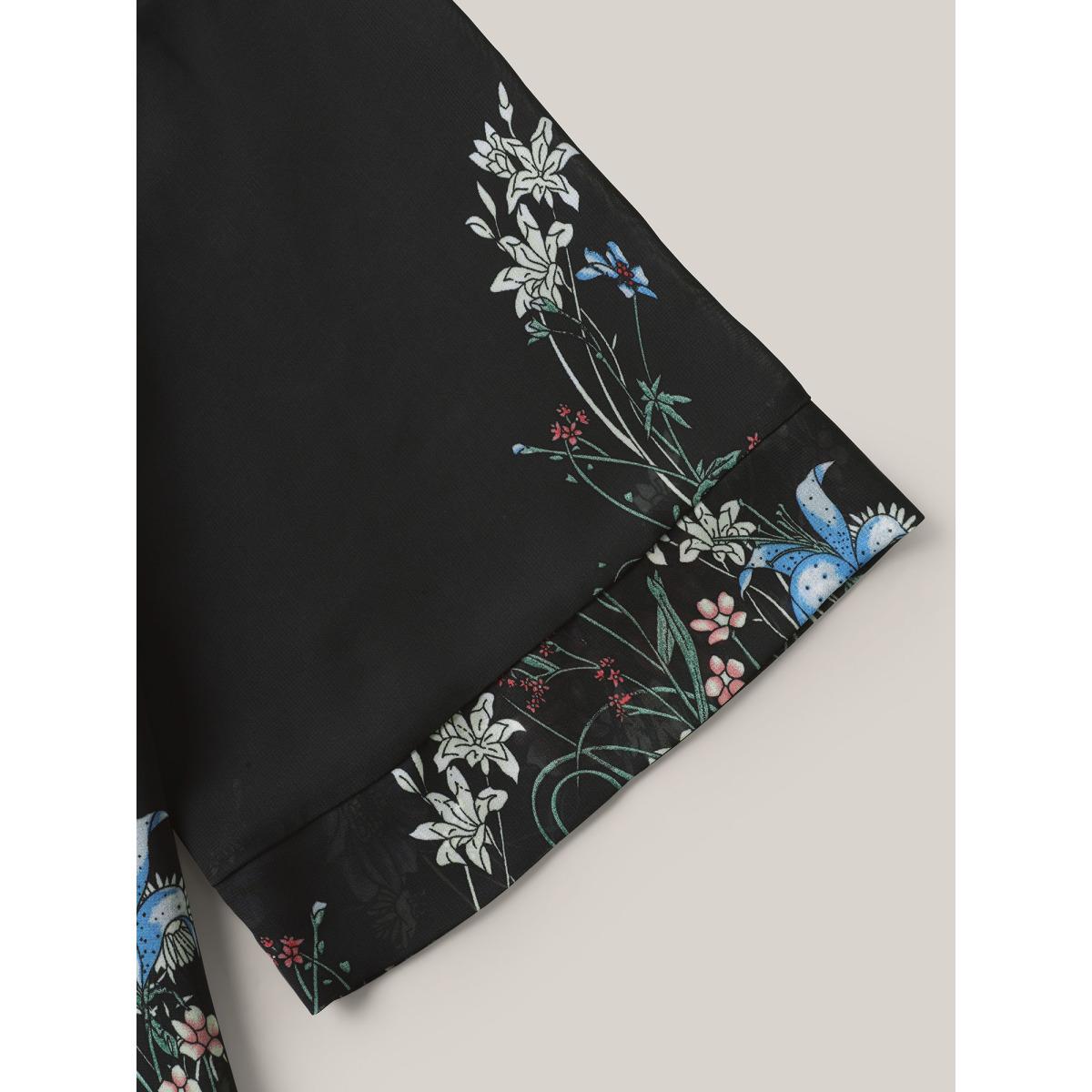 Plus Size Black Floral Print Sheer Round Neck Blouse Women Elbow-length sleeve Round Neck Everyday-Elegant Blouses BloomChic 30/6X Product Image