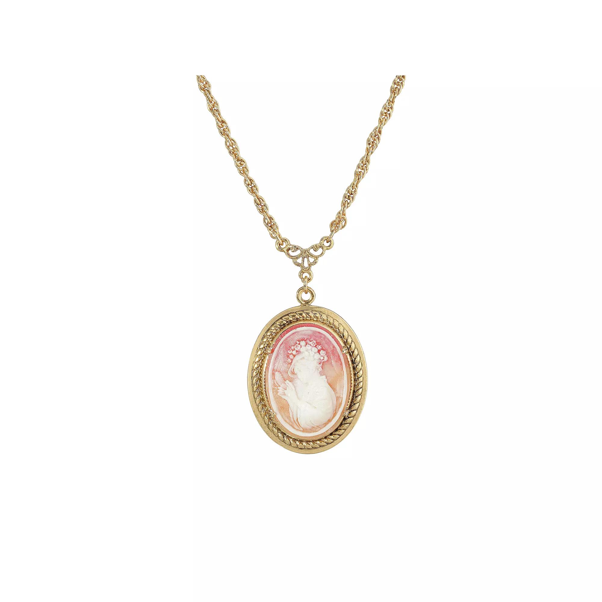 1928 Gold Tone Oval Cameo Pendant Necklace, Womens, Pink Product Image