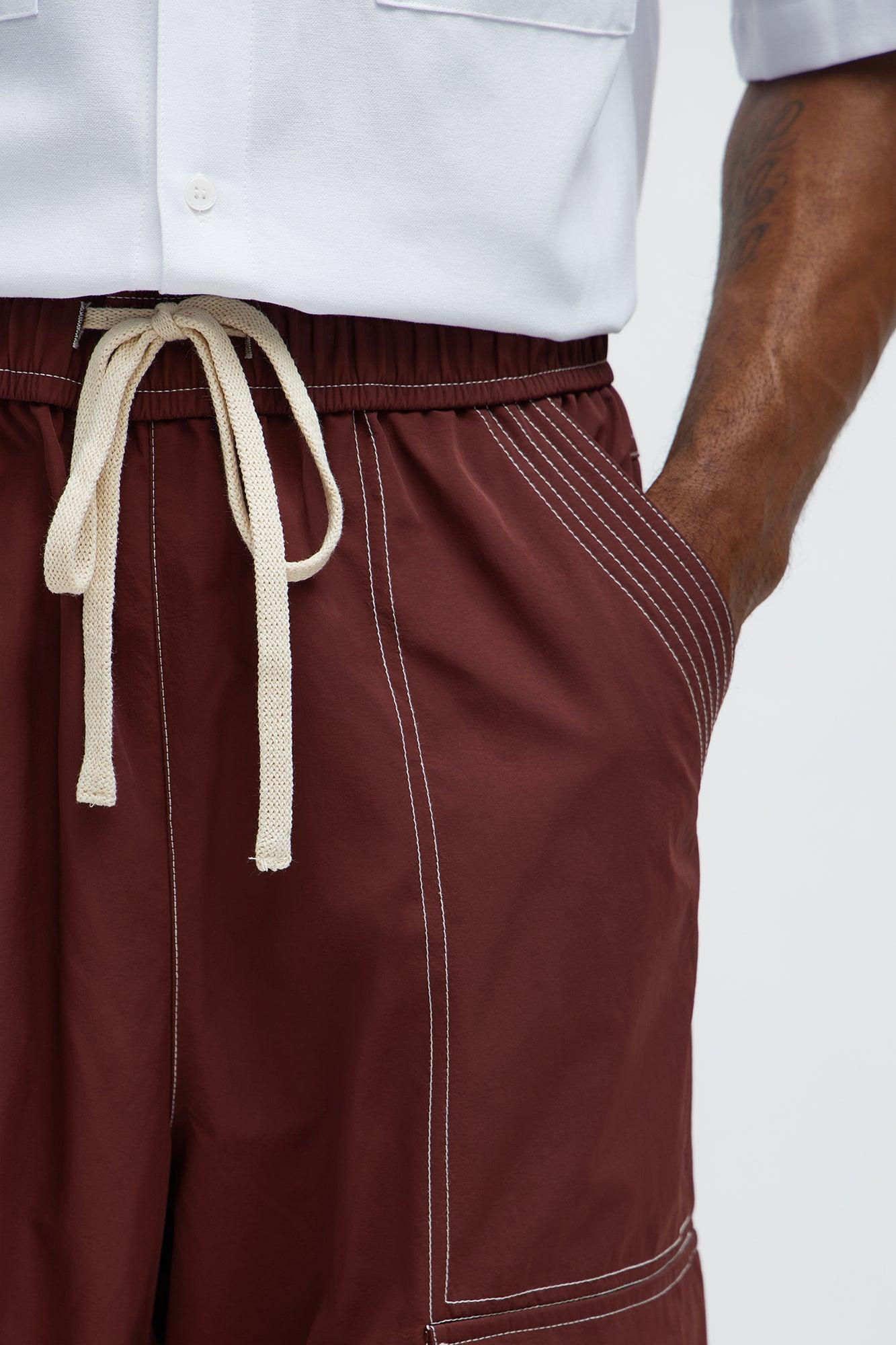 Baggy Stay Moving Contrast Stitch Nylon Cargo Pants - Burgundy Male Product Image