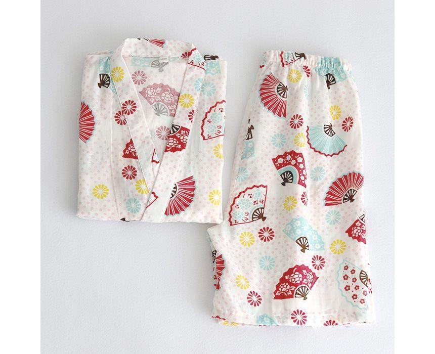 Pajama Set: Elbow-Sleeve Print Kimono Top + Lounge Shorts Product Image