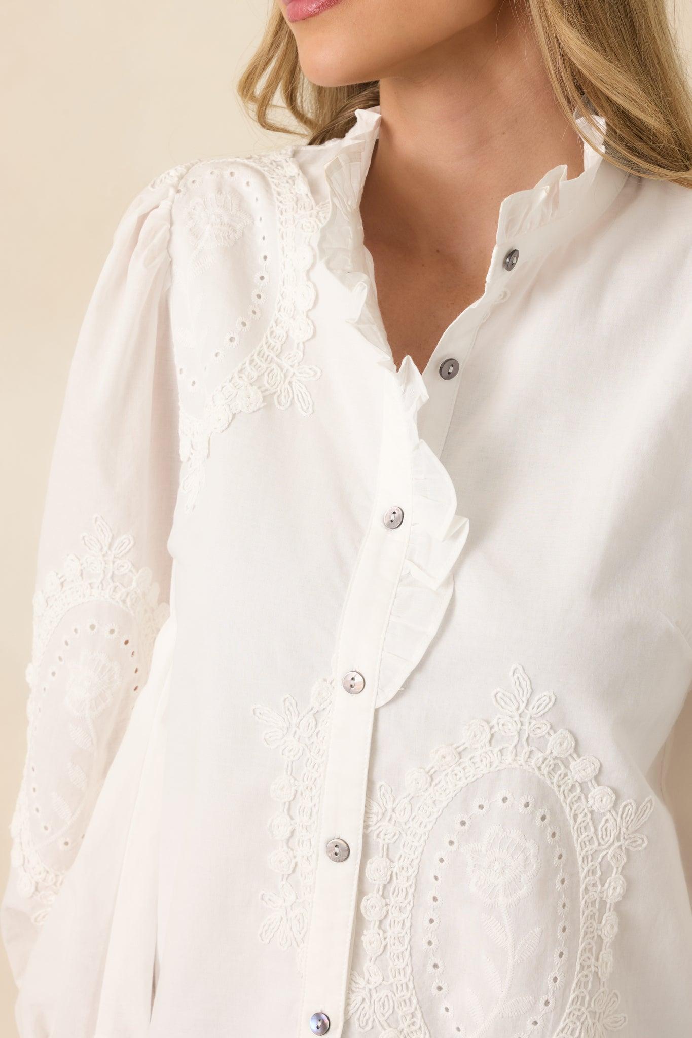 I Will Be Here White Eyelet Appliqué Detail Cotton Long Sleeve Blouse Product Image