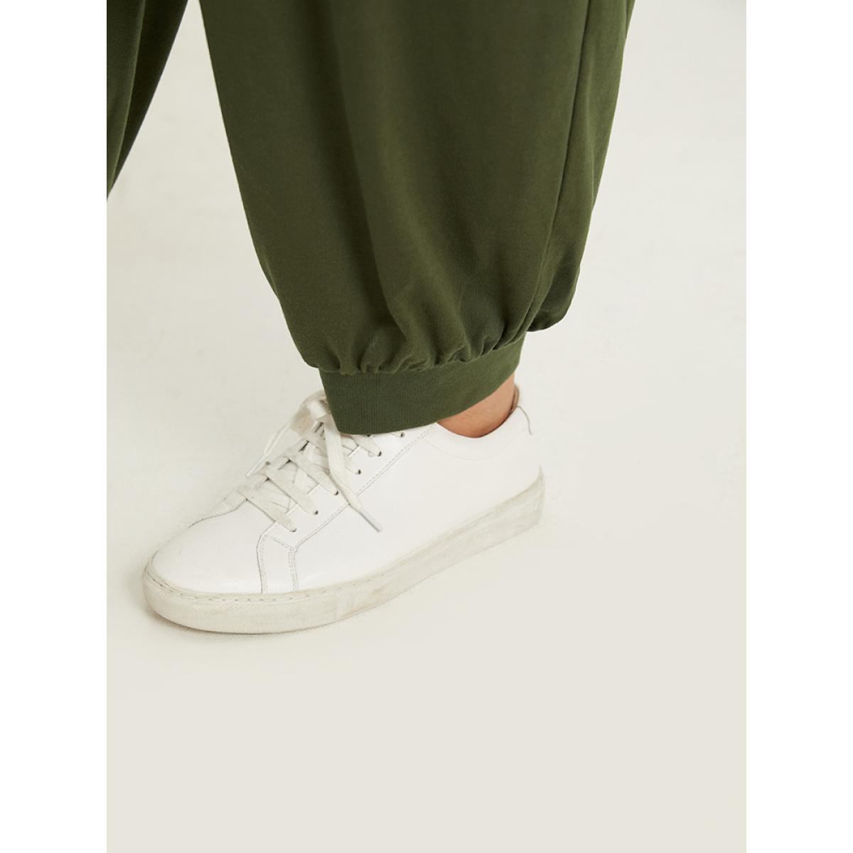 Plus Size ArmyGreen Solid Half Zip Hooded Gathered Jumpsuit Women Casual Long Sleeve Hooded Dailywear Loose Jumpsuits BloomChic 12/L Product Image