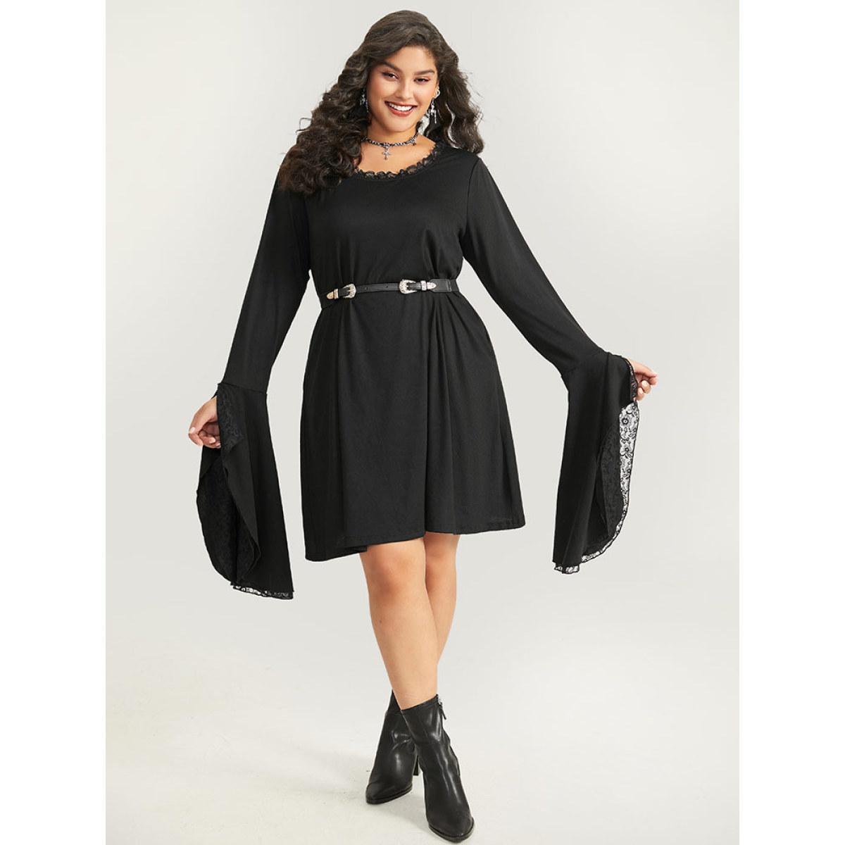 Plus Size Halloween Crochet Lace Round Neck Bell Sleeve Dress Black Women Casual Plain Round Neck Long Sleeve Curvy Knee Dress BloomChic 22-24/3X Product Image