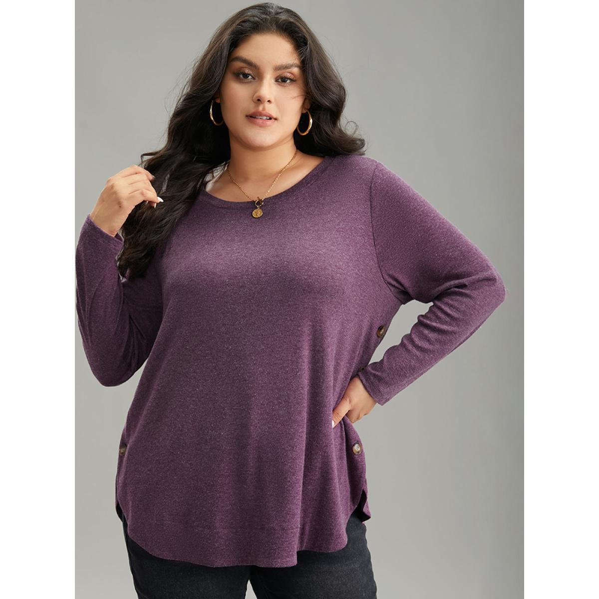Plus Size Plain Button Detail Curved Hem T-shirt Purple Women Casual Plain Plain Round Neck Dailywear T-shirts BloomChic 10/M Product Image