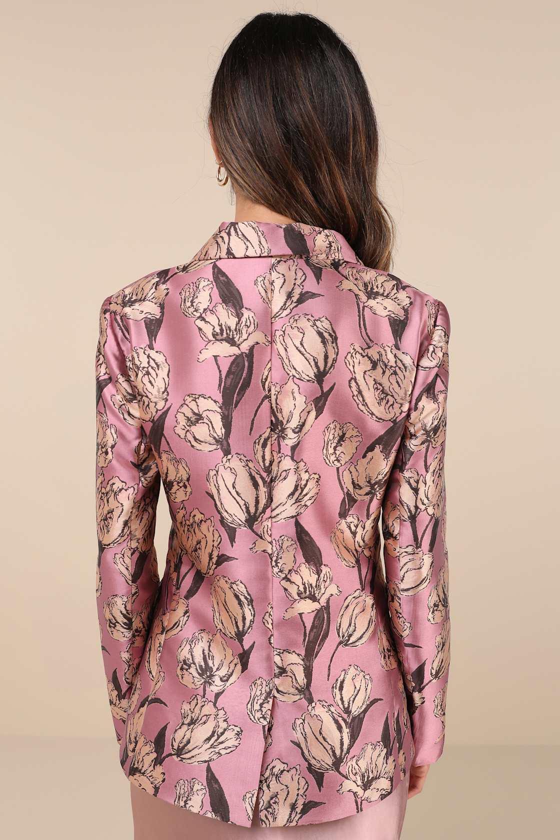 Cherished Chicness Pink Floral Jacquard Blazer Product Image