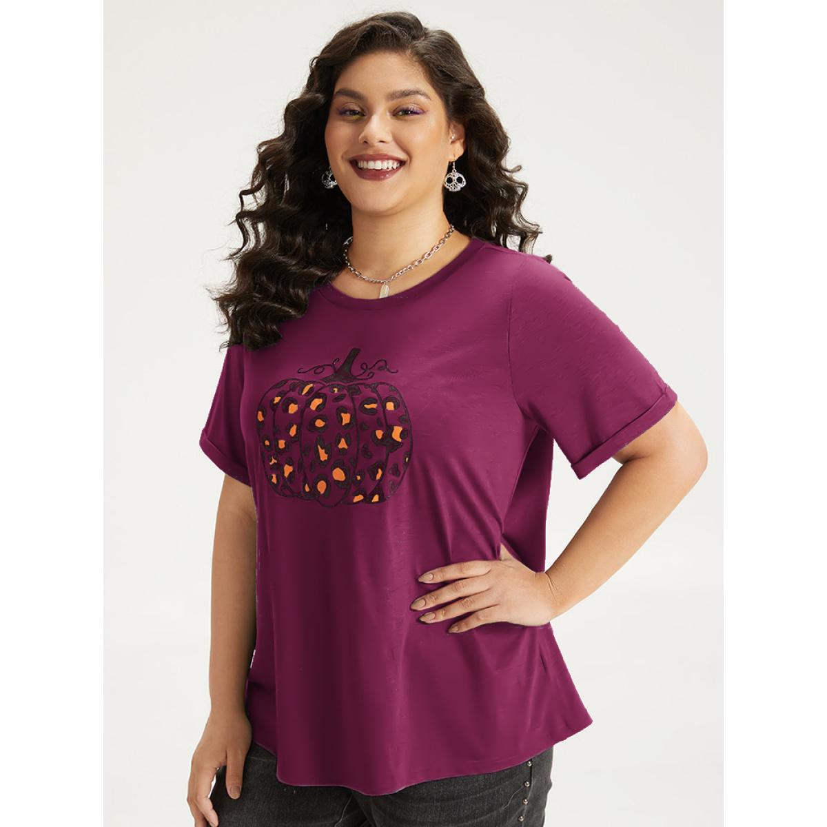 Plus Size Halloween Pumpkin Print Crew Neck T-shirt Crimson Women Casual Printed Halloween Dailywear T-shirts BloomChic 12/L Product Image