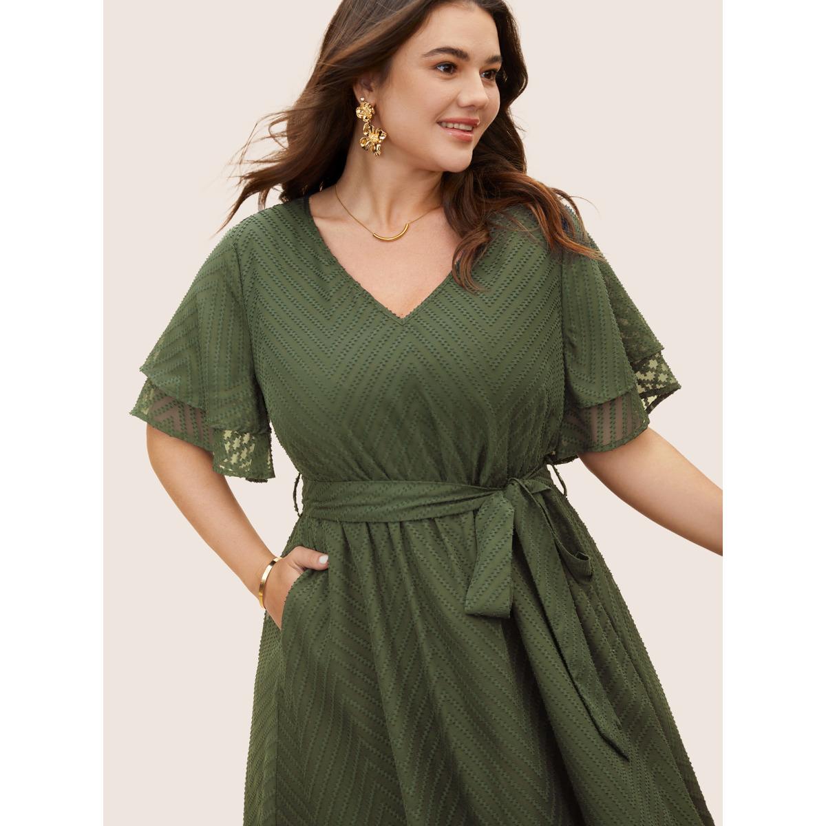 Plus Size Texture Tiered Ruffle Sleeve See Through Dress ArmyGreen Women Elegant Texture V-neck Half Sleeve Curvy BloomChic 12/L Product Image