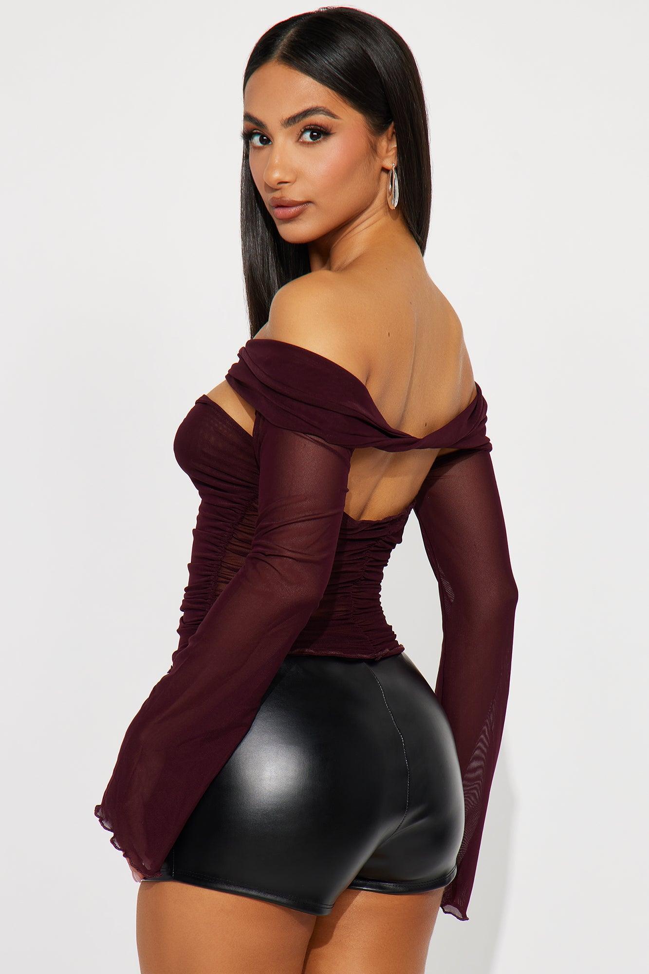 Out Of Town Mesh Off Shoulder Top - Plum Female Product Image