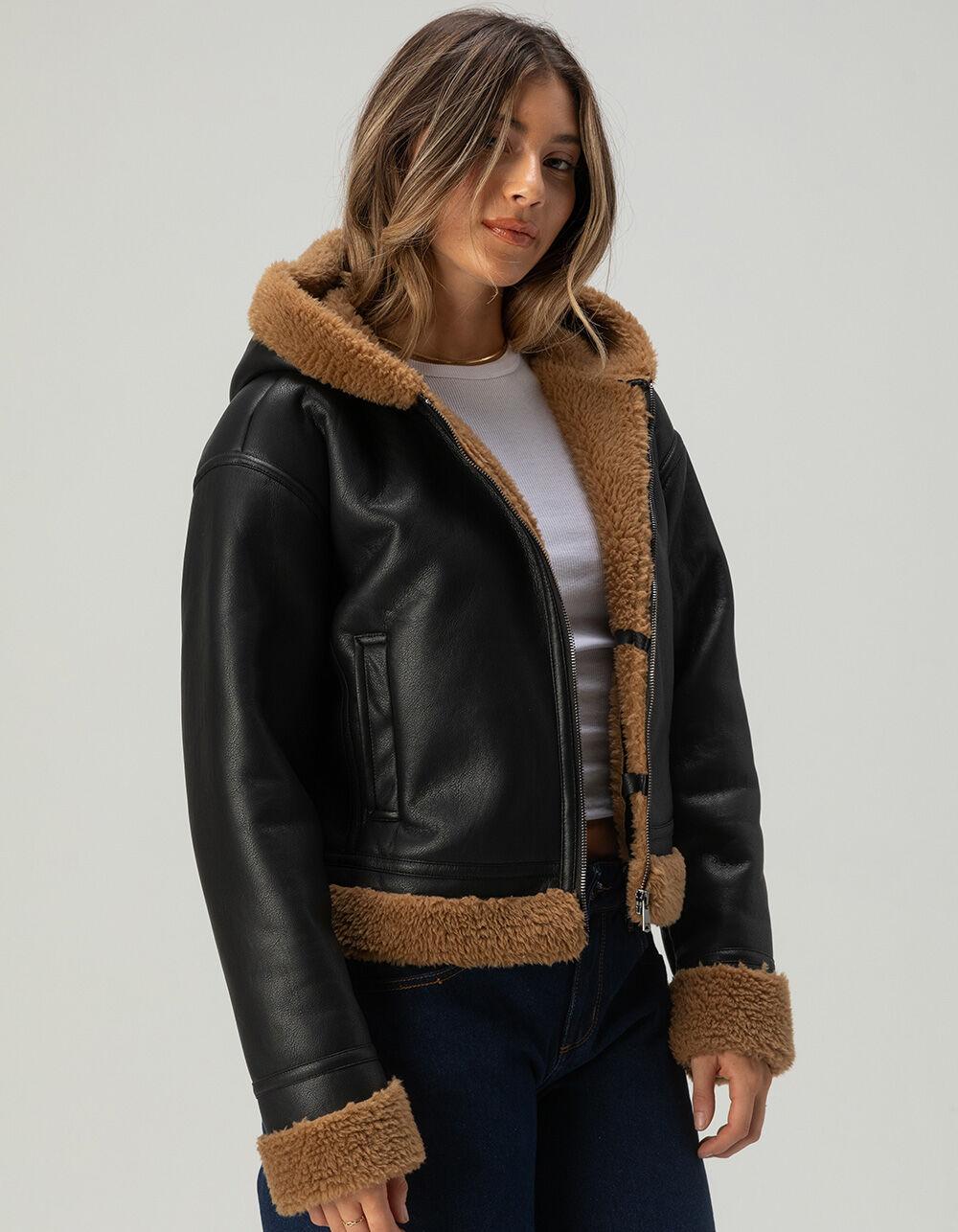 RSQ Womens Bonded Faux Leather Hooded Jacket - BLACK Product Image