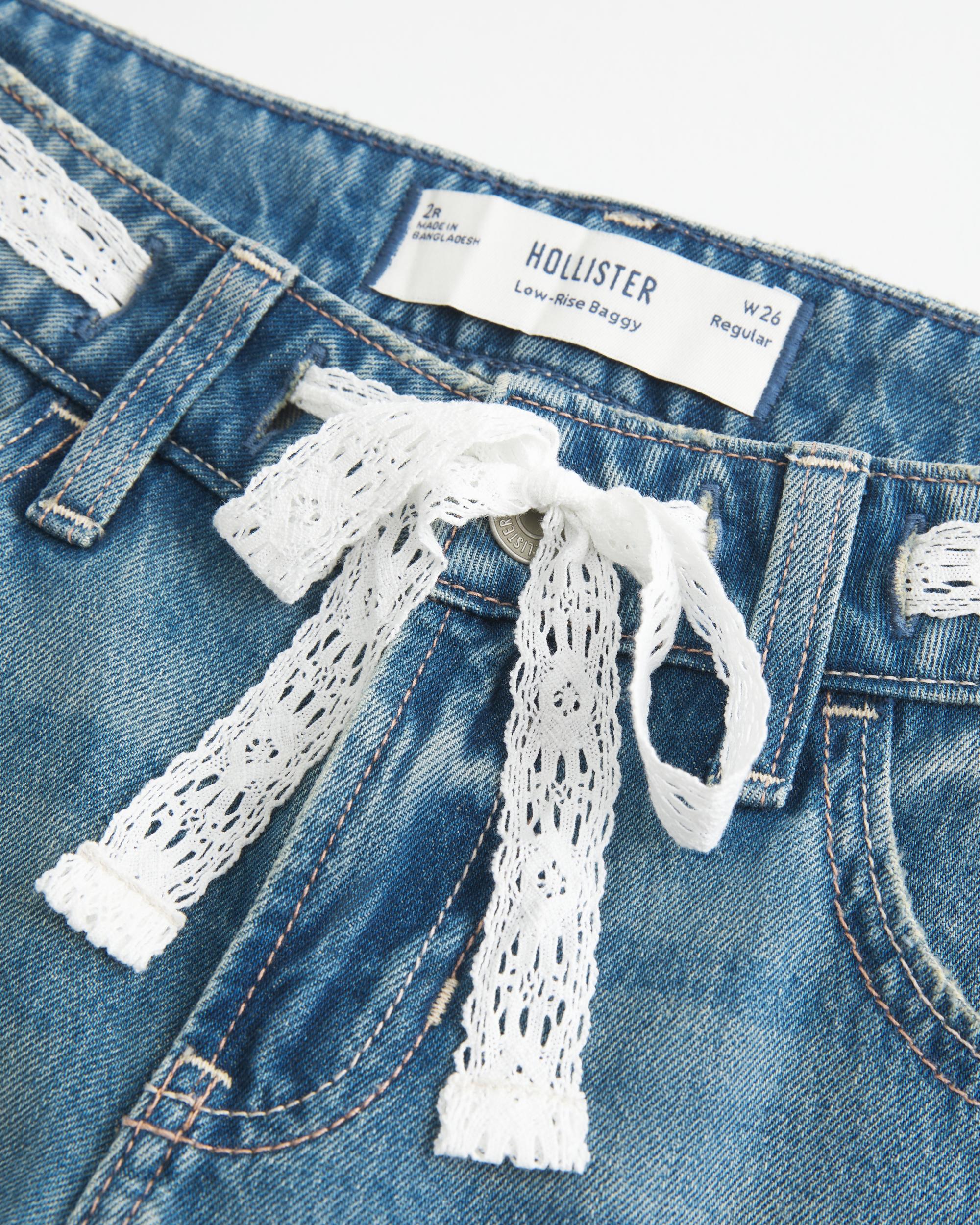Low-Rise Medium Wash Lace Waist Baggy Jeans Product Image