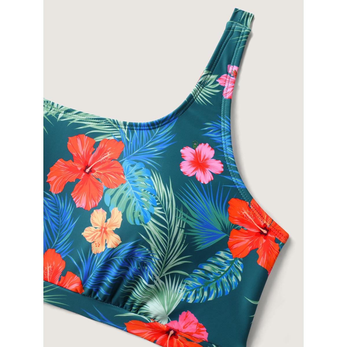 Plus Size Two-Piece Tropical Print Swim Top Women's Swimwear Cyan Beach Drawstring High stretch Bodycon U-neck Curve Swim Tops BloomChic 28/5X Product Image