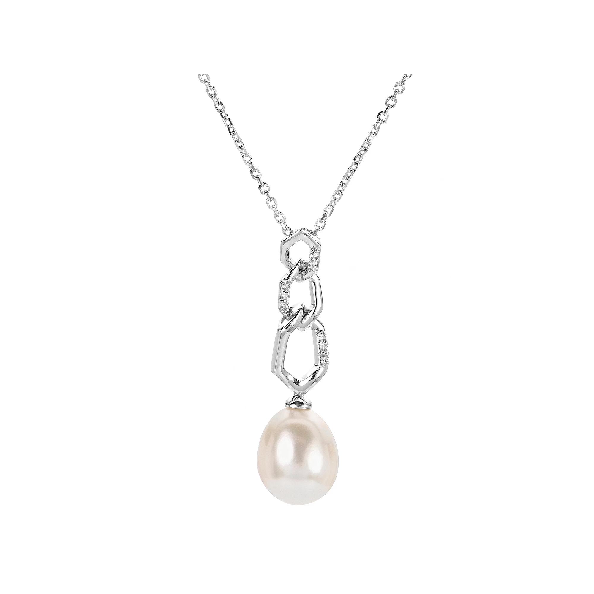 PearLustre by Imperial Sterling Silver Freshwater Cultured Pearl & Lab-Created White Sapphire Geometric Necklace, Womens Product Image