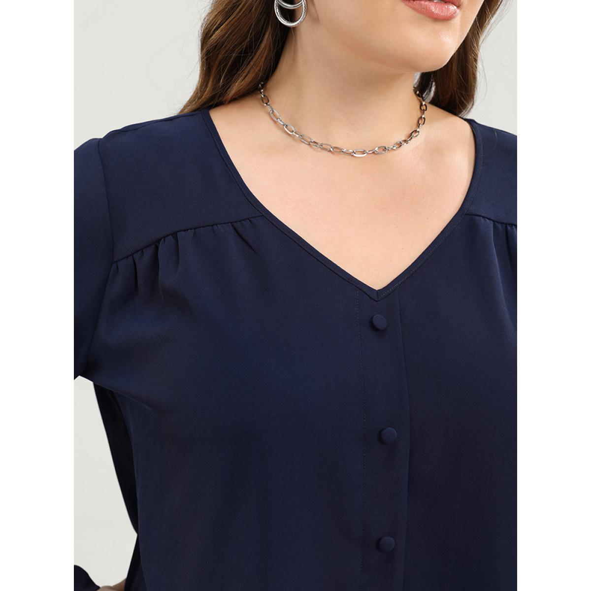 Plus Size Indigo Solid Button Detail Gathered V Neck Blouse Women Elegant Long Sleeve V-neck Dailywear Blouses BloomChic 12/L Product Image