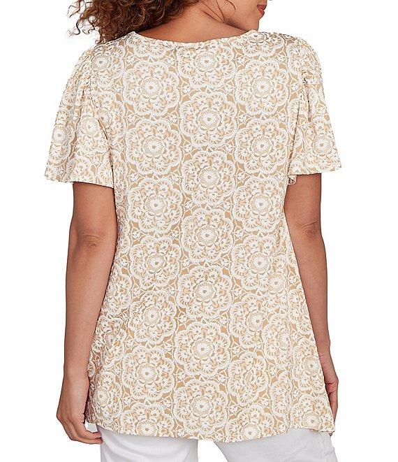 Ruby Rd. Petite Size Embellished Beaded Macrame Scoop Neck Short Sleeve Top Product Image