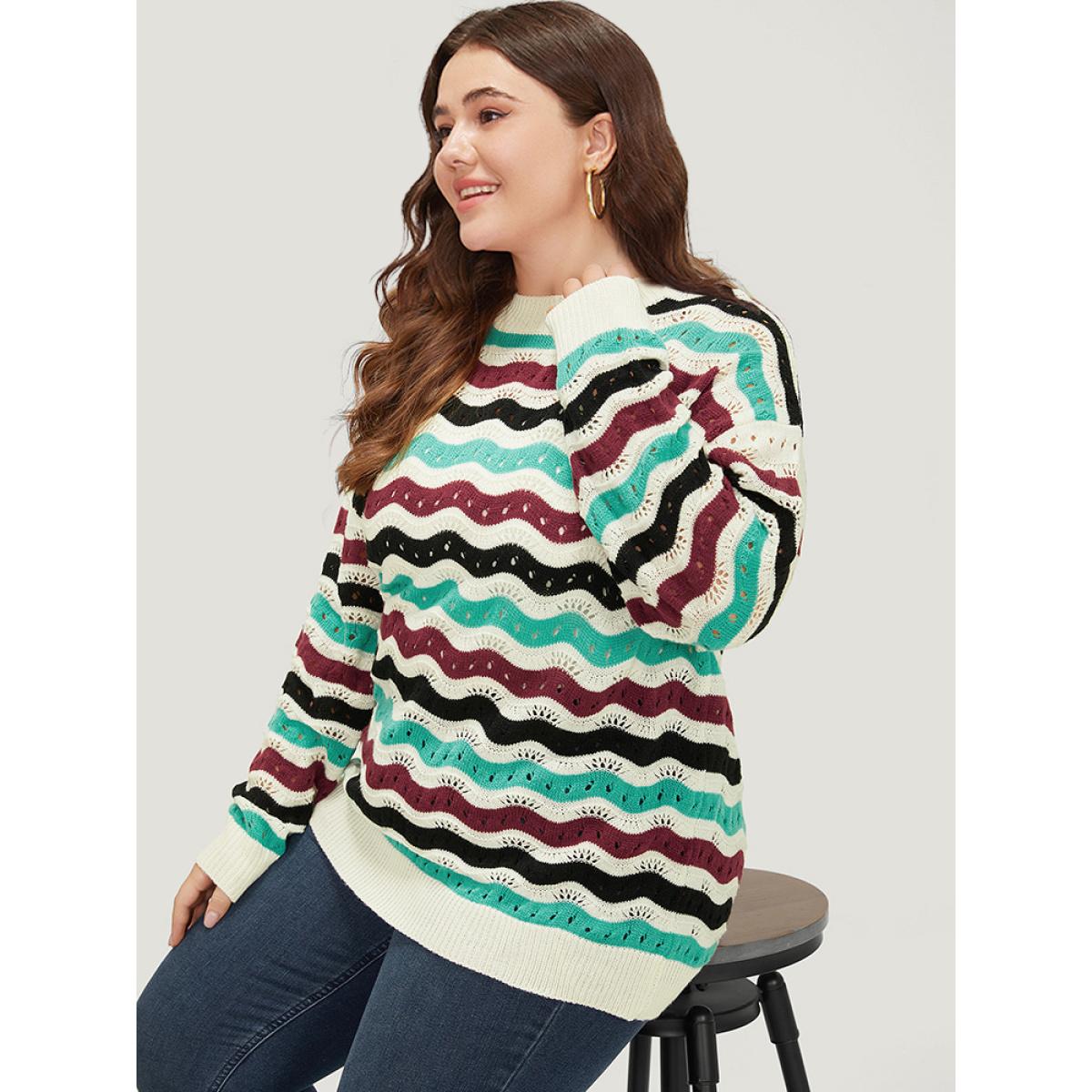 Plus Size Contrast Water Ripple Cut Out Elastic Cuffs Pullover Multicolor Women Casual Loose Long Sleeve Round Neck Dailywear Pullovers BloomChic 12/L Product Image