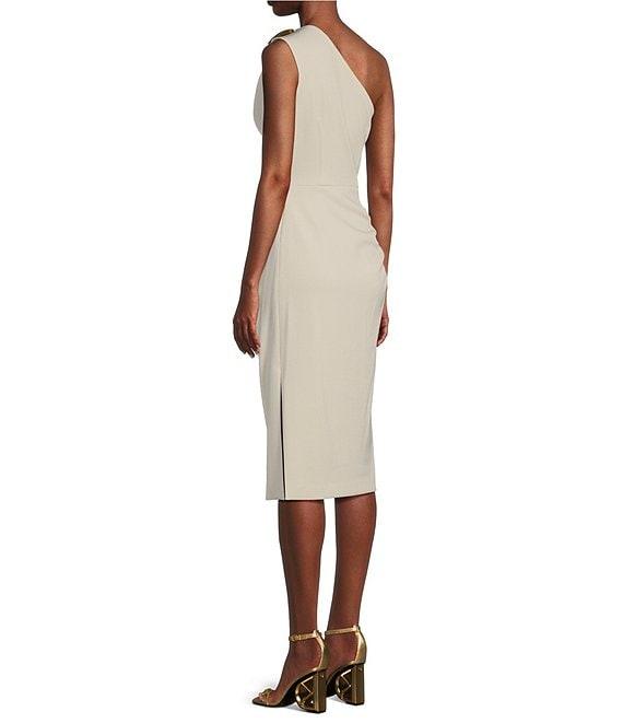 Donna Karan Asymmetrical Neck One Shoulder Gold Broach Midi Sheath Dress Product Image