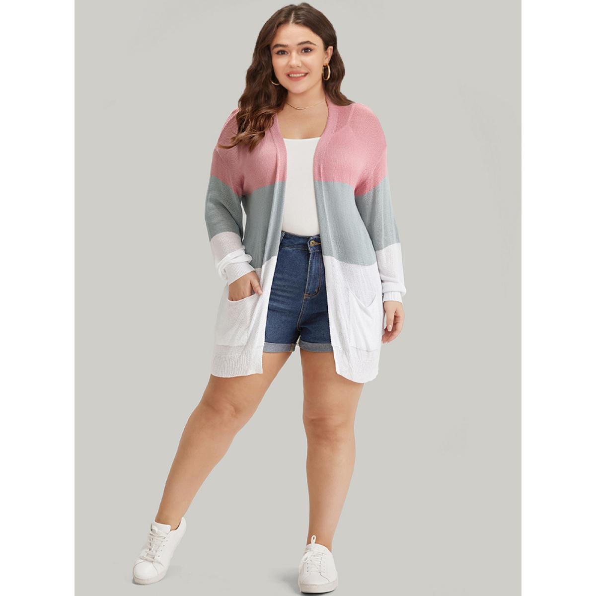 Plus Size Colorblock Pocket Drop Shoulder Elastic Cuffs Contrast Cardigan Pink Women Casual Loose Long Sleeve Dailywear Cardigans BloomChic 30/6X Product Image