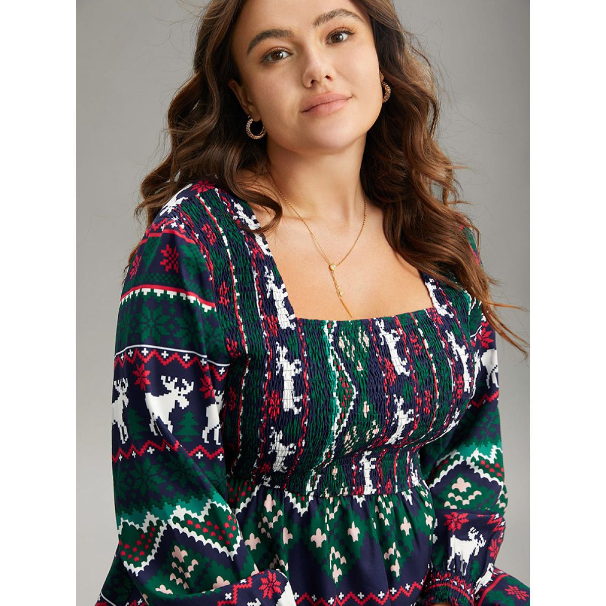 Plus Size Green Christmas Elk Shirred Square Neck Blouse Women Elegant Long Sleeve Square Neck Festival-Christmas Blouses BloomChic 28/5X Product Image