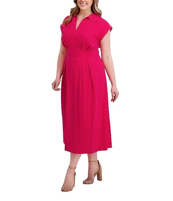 Kensie Plus Size Striped Woven Collared V-Neckline Short Sleeve A-Line Midi Dress Product Image
