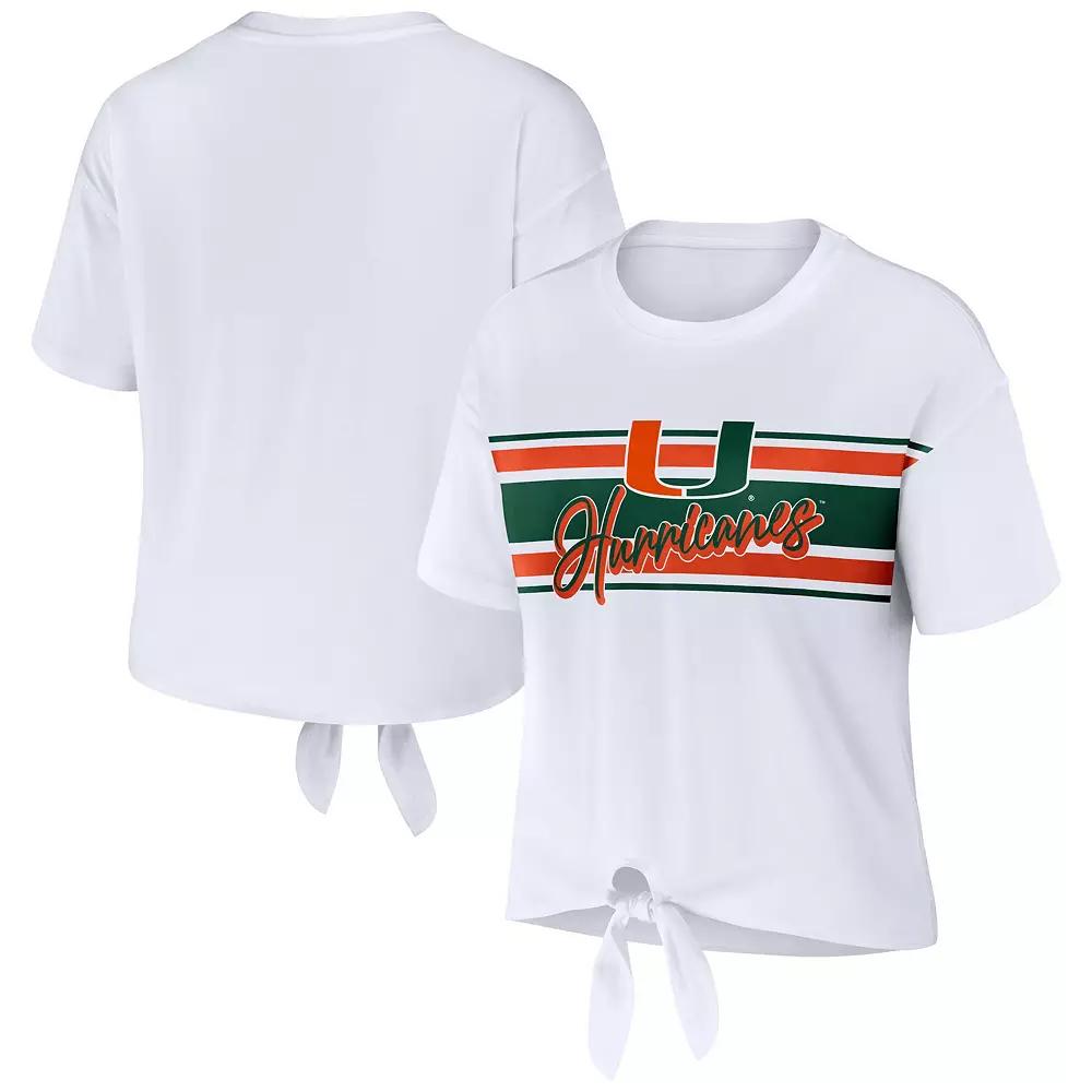 Women's WEAR by Erin Andrews White Miami Hurricanes Striped Front Knot Cropped T-Shirt,  Product Image