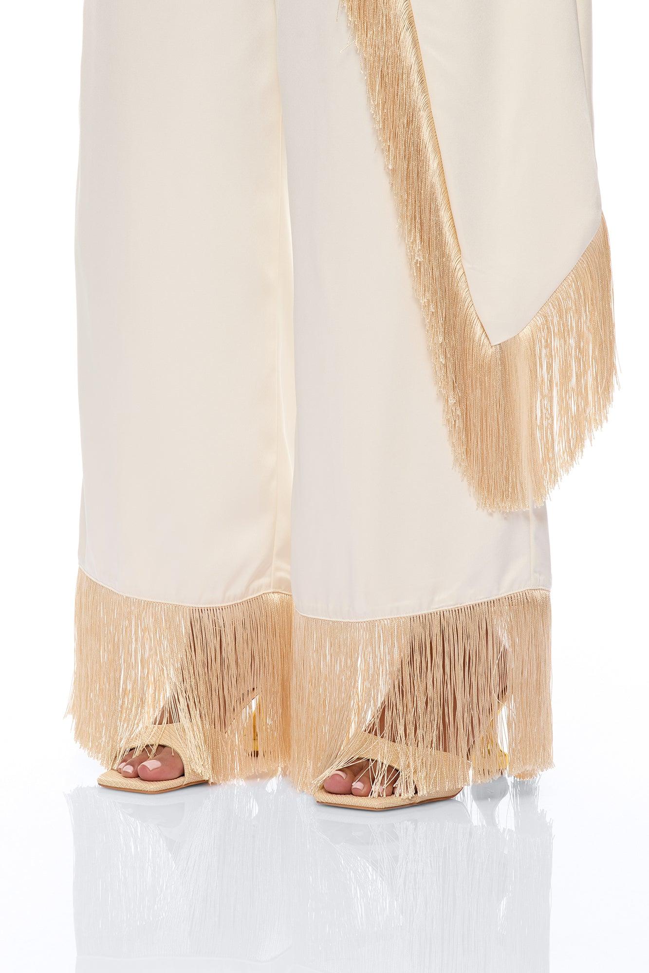 Natural Drama Fringe Satin Pant Set - Ivory Female Product Image