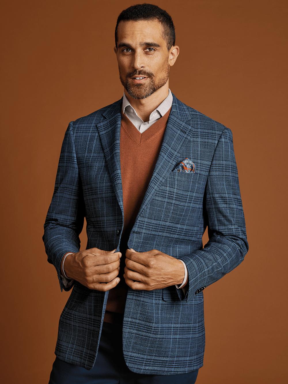 Microfiber Plaid Single Breasted Notch Lapel Sport Coat - Navy Product Image