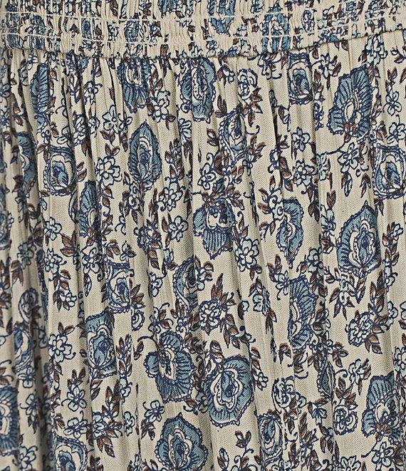 Angie Allover Floral Print Sweetheart Neck 3/4 Sleeve Smocked Bodice Midi Dress Product Image