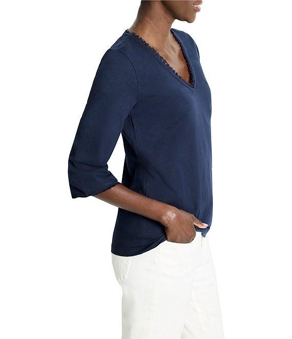 NIC + ZOE Knit V-Neck Elbow Sleeve Fringe Trim Tee Product Image