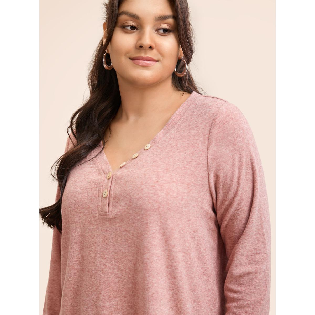 Plus Size V Neck Button Detail Split Hem T-shirt Beanpastepowder Women Casual Button V-neck Everyday T-shirts BloomChic 10/M Product Image