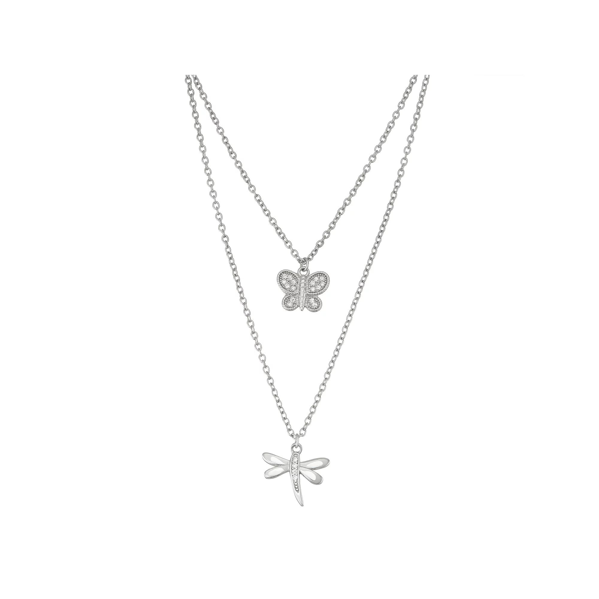 Sterling Silver Cubic Zirconia Butterfly & Dragonfly Layered Necklace, Women's, Size: 16", White Product Image
