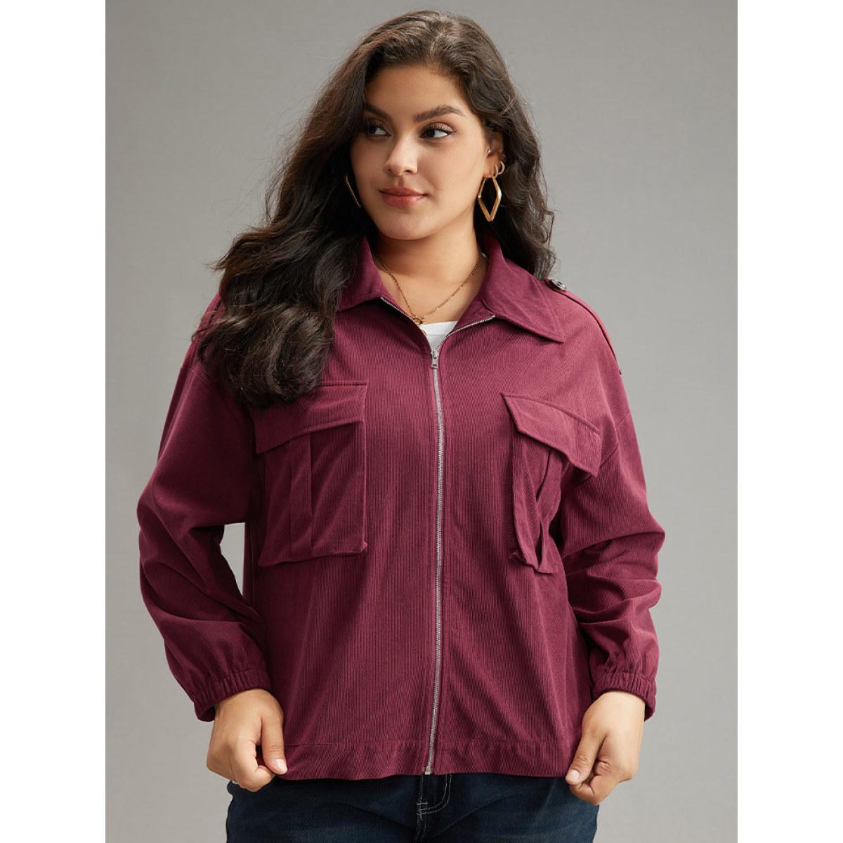 Plus Size Plain Pocket Zipper Elastic Cuffs Jacket Women Scarlet Elastic cuffs Pocket Dailywear Jackets BloomChic 10/M Product Image