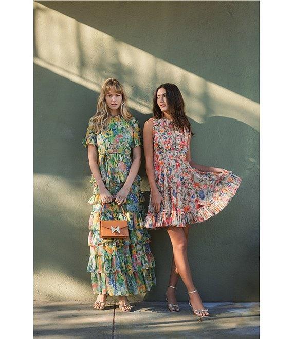 Mac Duggal Mesh Floral Print Crew Neck Sleeveless Micro Ruffle A-Line Mini Dress Product Image