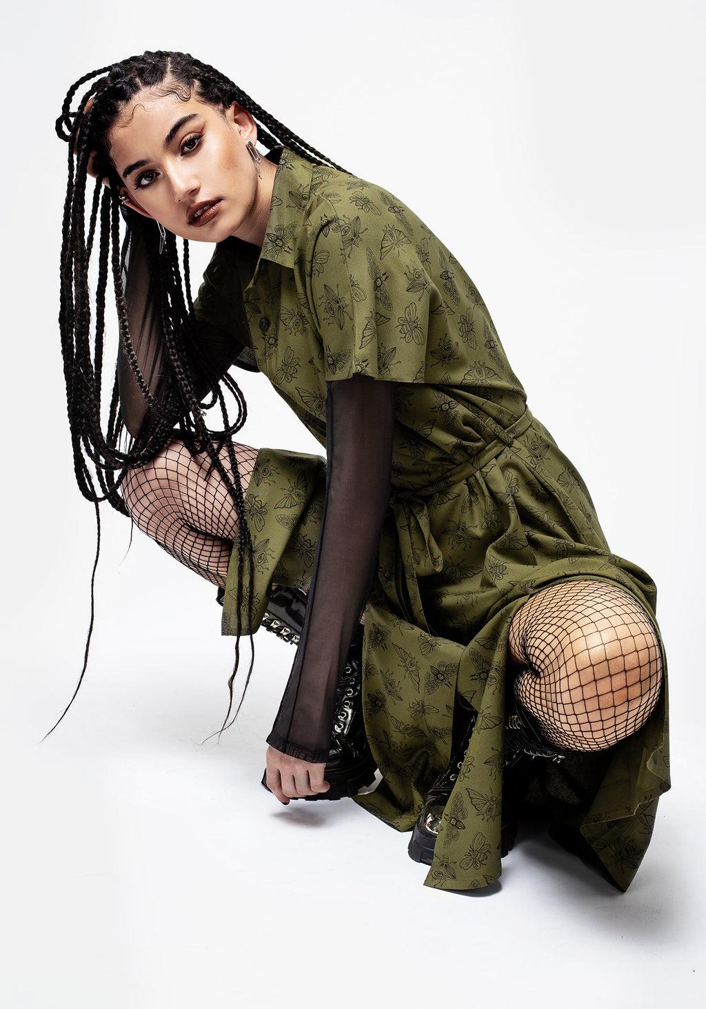 Mortmoth Print Midi Shirt Dress - Green Product Image