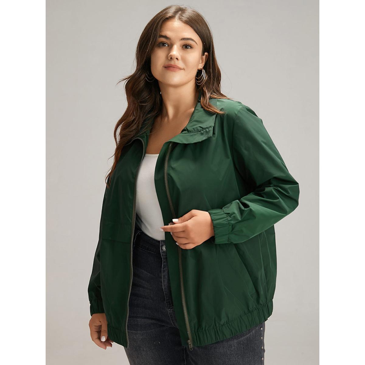Plus Size Wind-Resistant Plain Zipper Fly Pocket Jacket Women DarkGreen Elastic cuffs Pocket Dailywear Jackets BloomChic 10/M Product Image