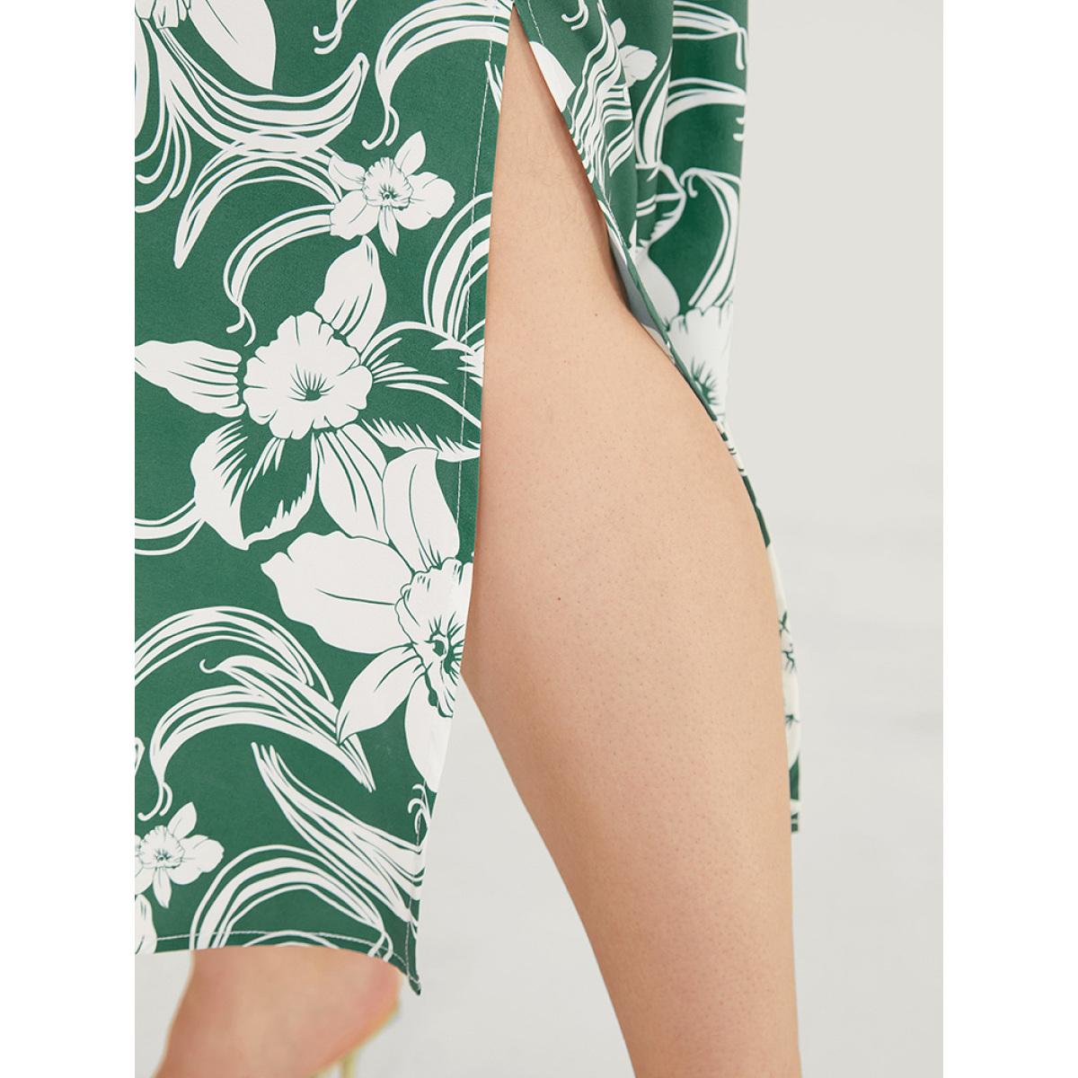 Plus Size Floral Split Flutter Hem Wrap Pocket Belted Cami Dress Green Women Elegant Adjustable Straps V-neck Sleeveless Curvy Midi Dress BloomChic 10/M Product Image