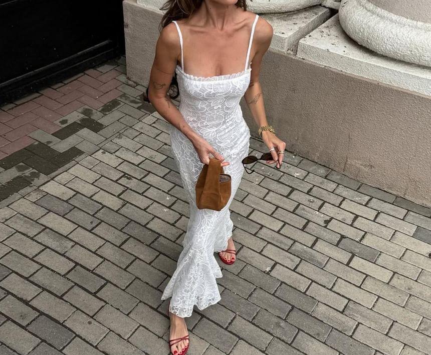 Spaghetti Strap Plain Frill Lace Maxi Sheath Dress Product Image