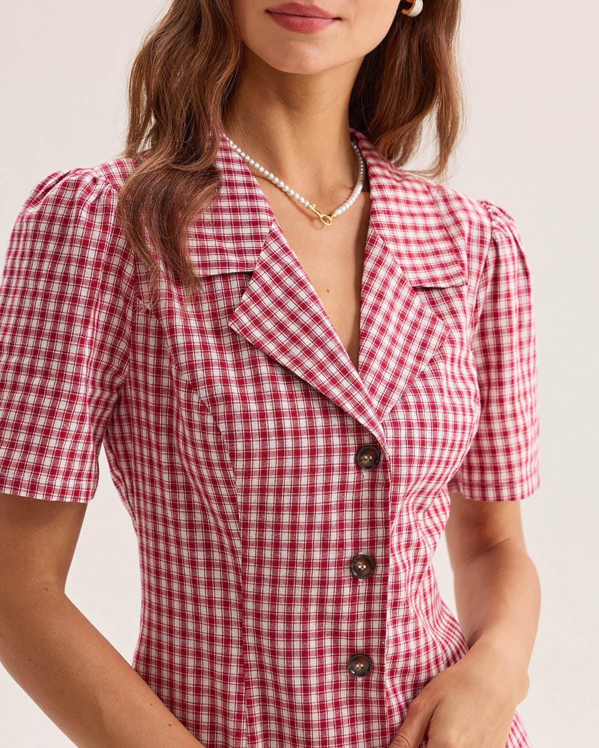 Red Plaid Pocket Button Mini Dress Product Image