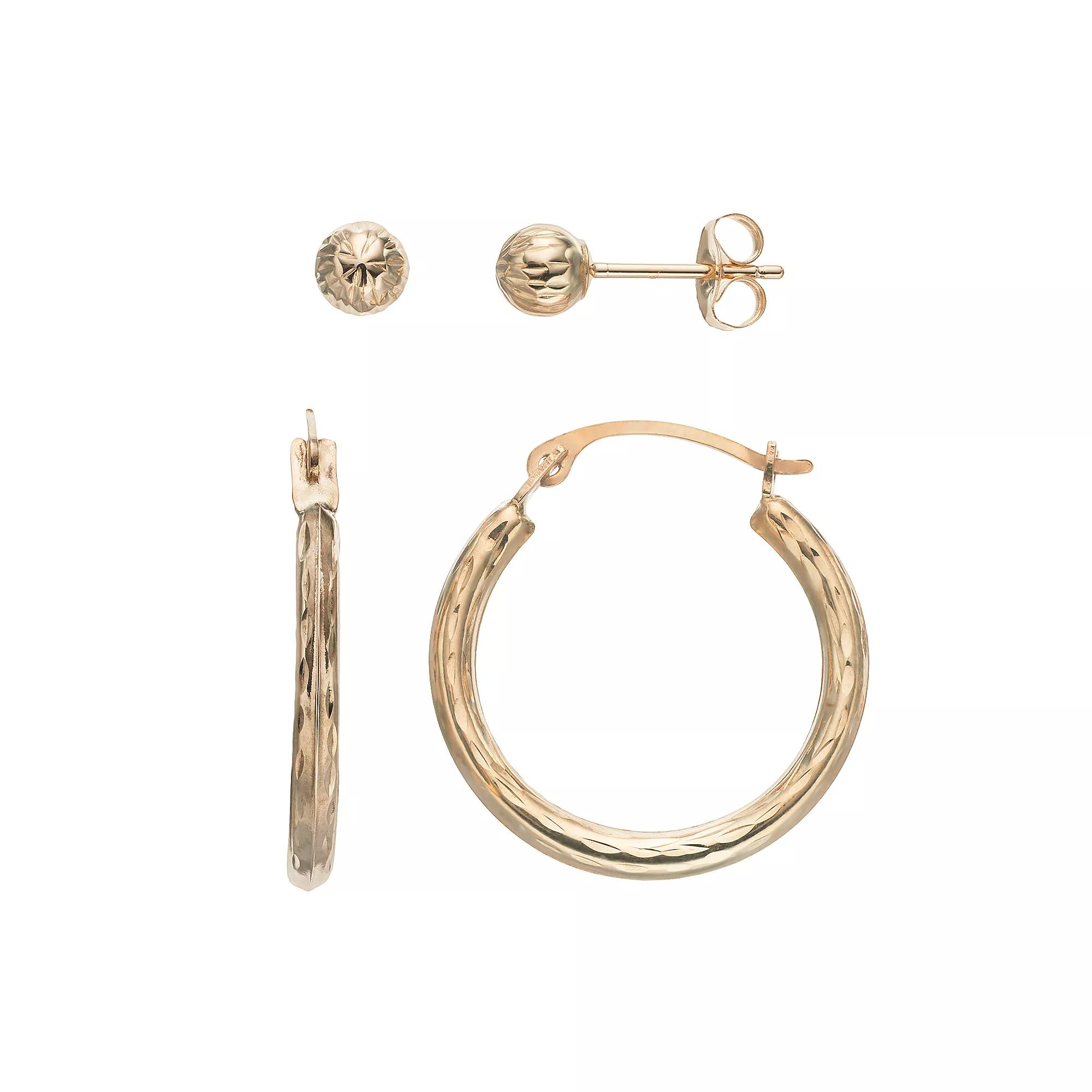 Forever 14K Textured Hoop & Ball Stud Earring Set, Women's, 14k Gold Product Image