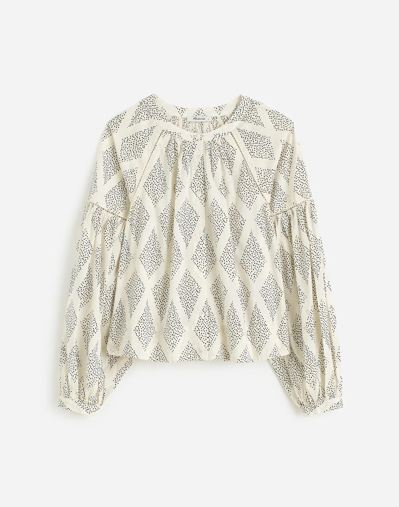 Shirred Balloon-Sleeve Top in Geometric Print Product Image