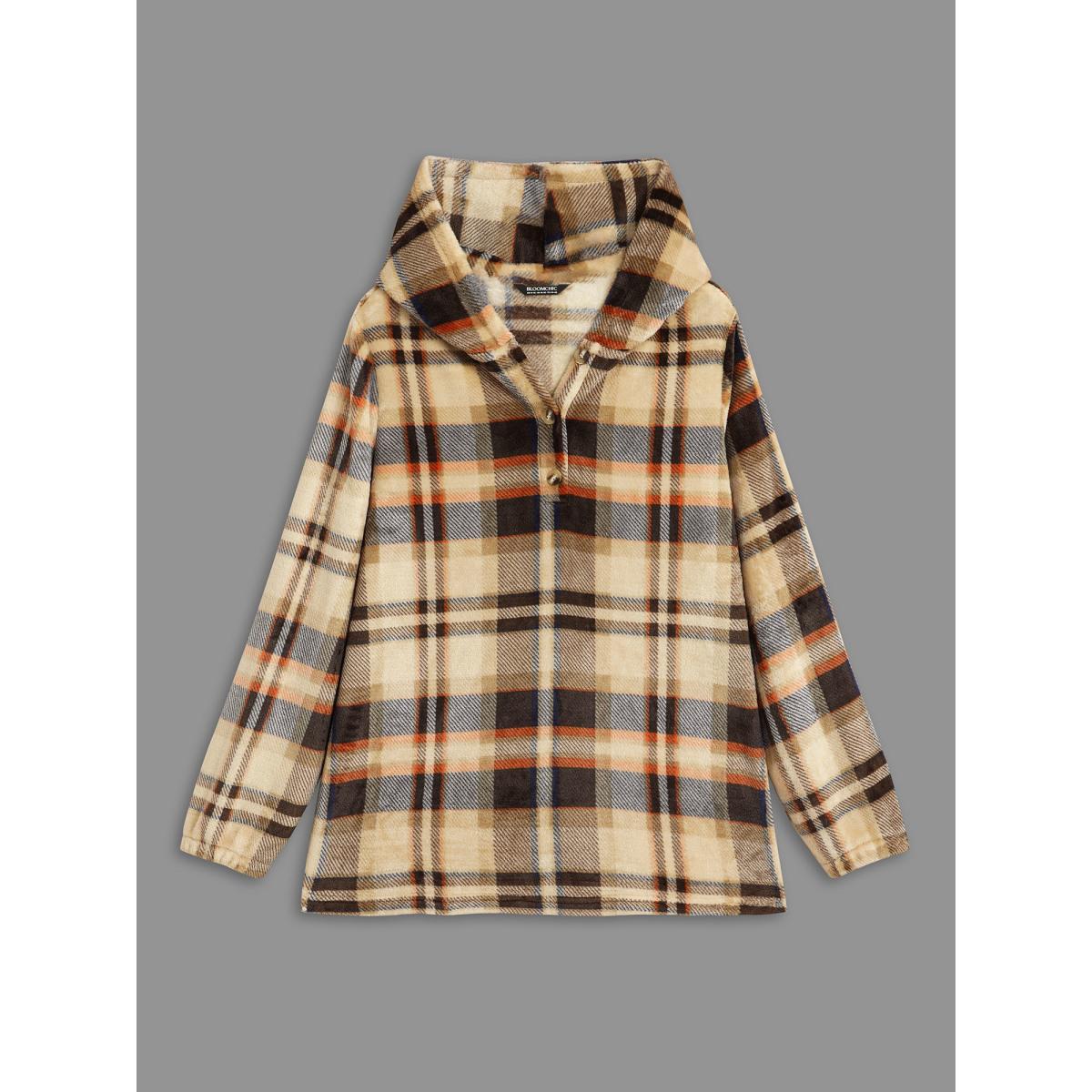 Plus Size Fuzzy Pullover Plaid Hoodie Women Multicolor Casual Button Loose Hooded Everyday Sweatshirts BloomChic 30/6X Product Image