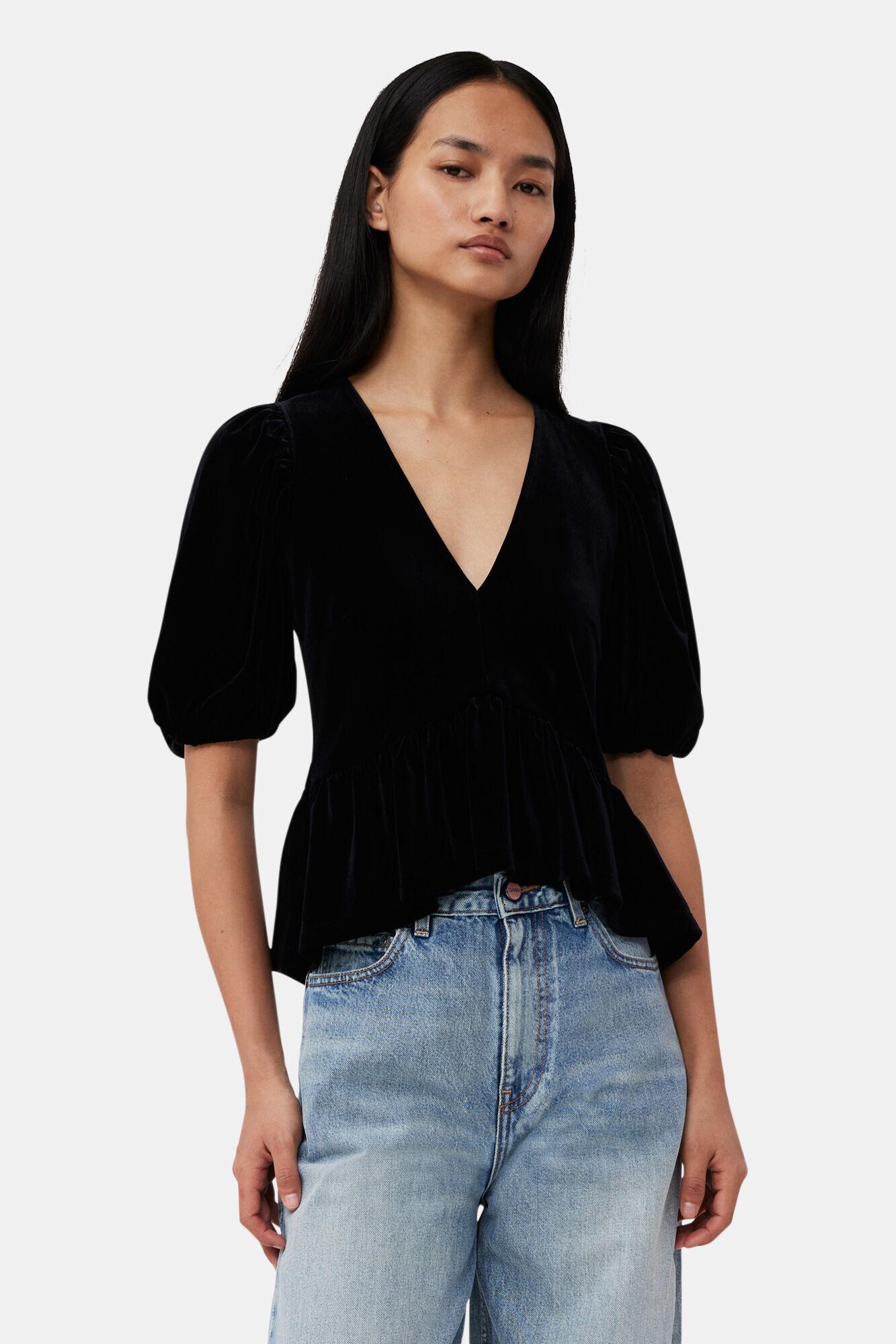 Black Velvet Jersey V-neck Blouse Product Image