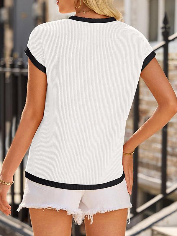 Loose Short Sleeves Colorful Contrast Color Pockets Round-neck T-Shirts Tops Product Image