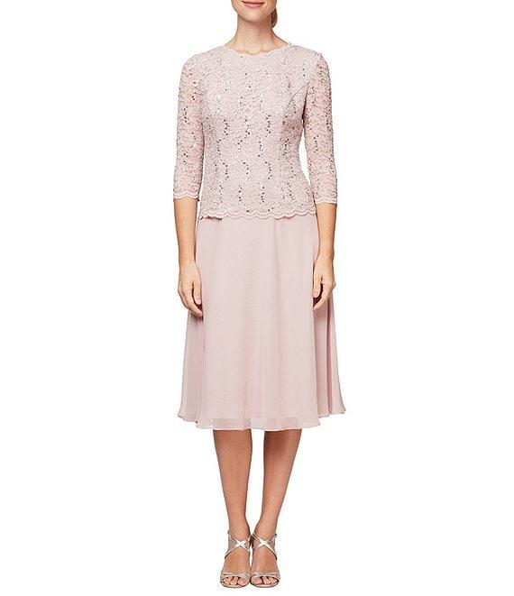 Alex Evenings Crew Neck 3/4 Sleeve Sequin Floral Lace Bodice Chiffon A-Line Midi Dress Product Image