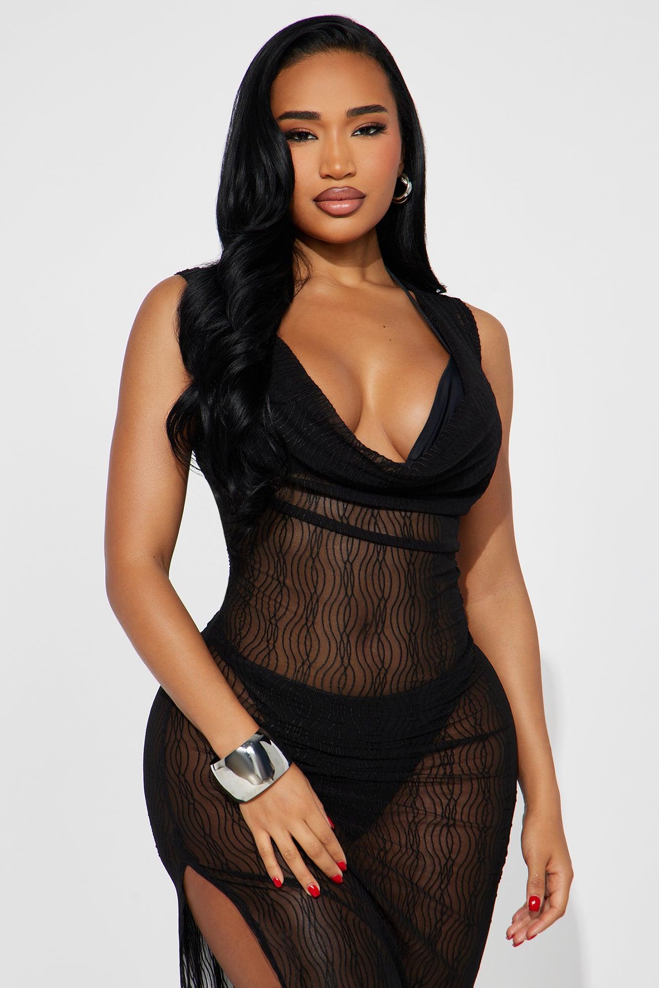 Summer Wave Textured Mesh Cowl Neck Cover Up Maxi Dress - Black Product Image