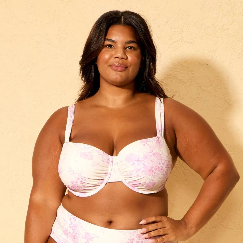 Women's Floral Print Shirred Bandeau Underwire Bikini Top - Shade & Shore™ Pink 38C Product Image