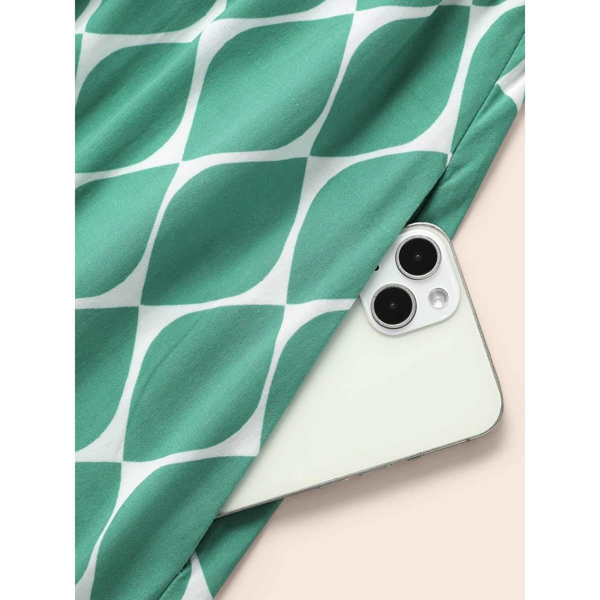 Plus Size Geometric Tiered Elastic Waist Midi Shirt Dress Malachitegreen Women Casual Gathered Shirt collar Short sleeve Curvy BloomChic 14-16/1X Product Image