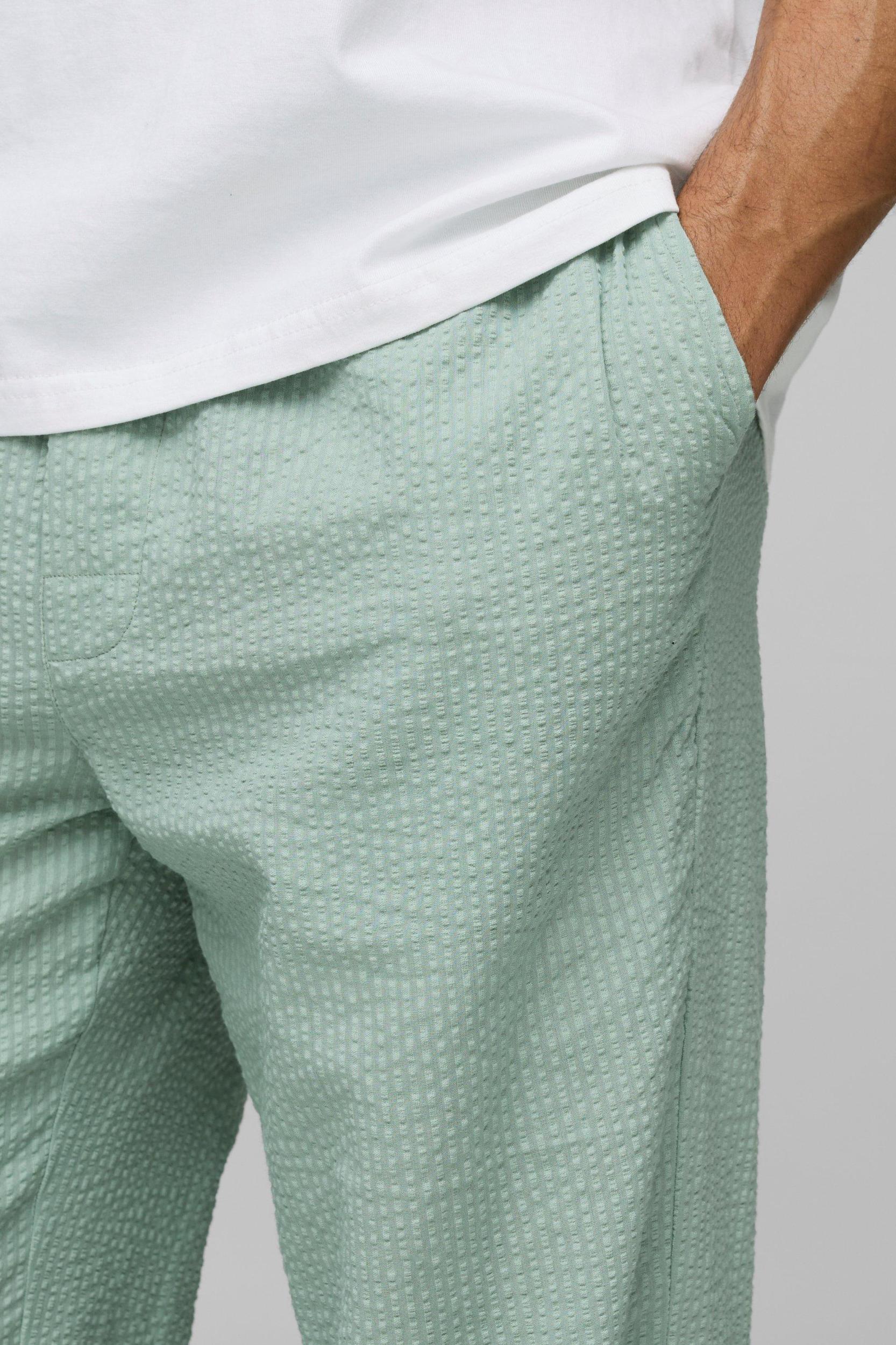 Elasticated Relaxed Fit Plain Seersucker Pants | boohooMAN USA Product Image