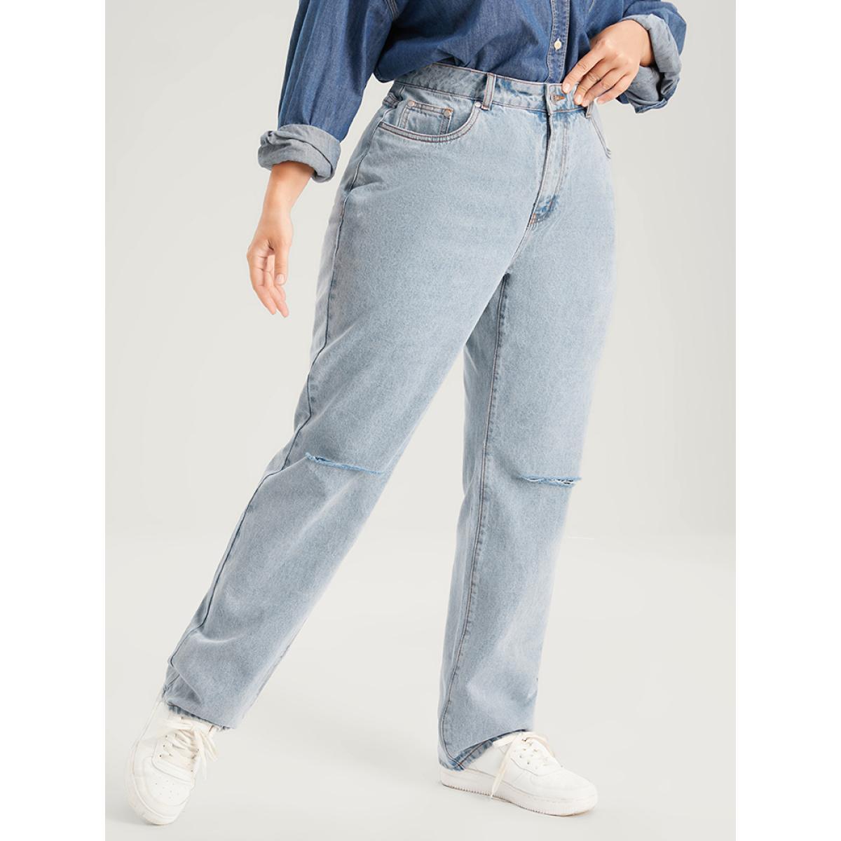 Plus Size Boyfriend Wide Leg Non Stretchy High Rise Light Wash Distressed Jeans Women LightBlue Casual Plain Distressed No stretch Pocket Jeans BloomChic 20/2X Product Image