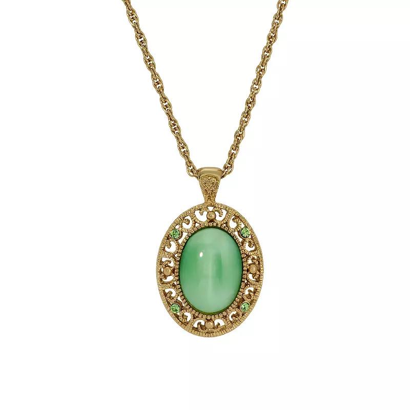 1928 Gold Tone Green Crystal Oval Pendant Necklace, Women's Product Image