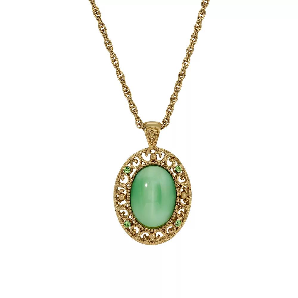 1928 Gold Tone Green Crystal Oval Pendant Necklace, Women's Product Image